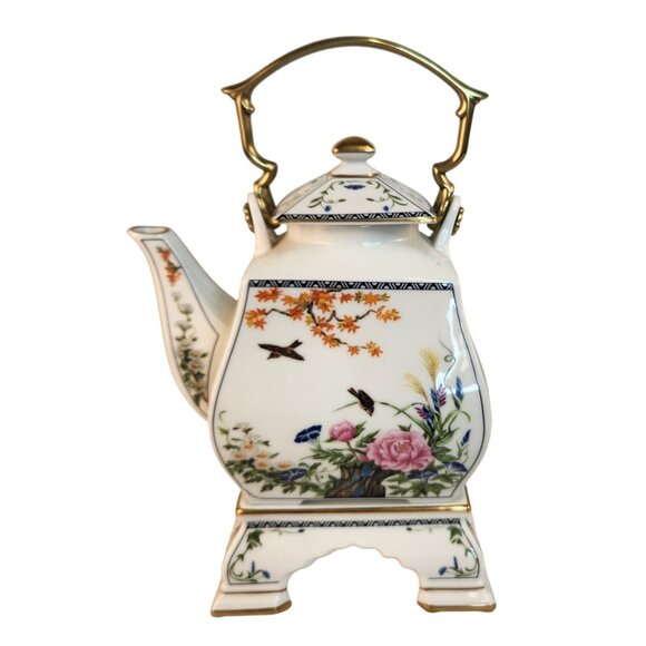 Franklin Porcelain 1986 Japanese Floral Teapot With Gold Handle & Stand Flowers - Picture 1 of 11